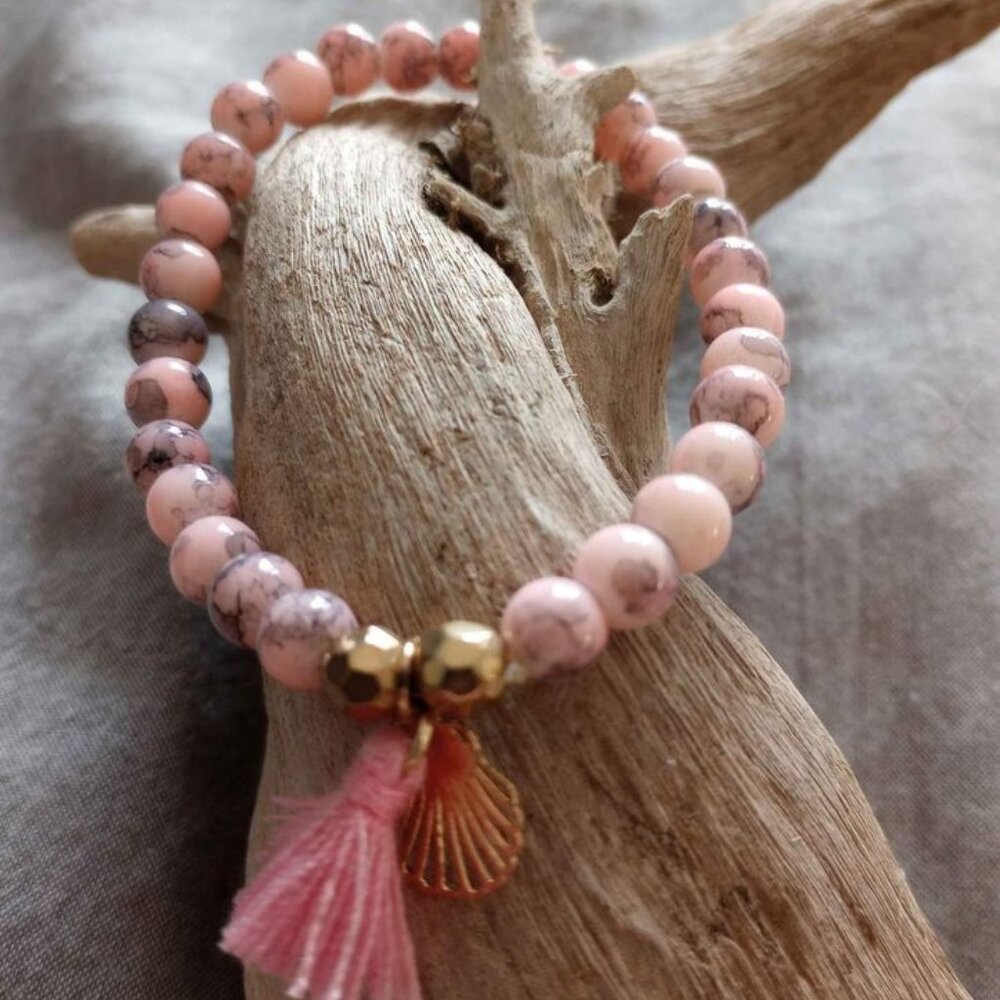 Pink and Gray Beaded Bracelet with Seashell Charm and Tassel